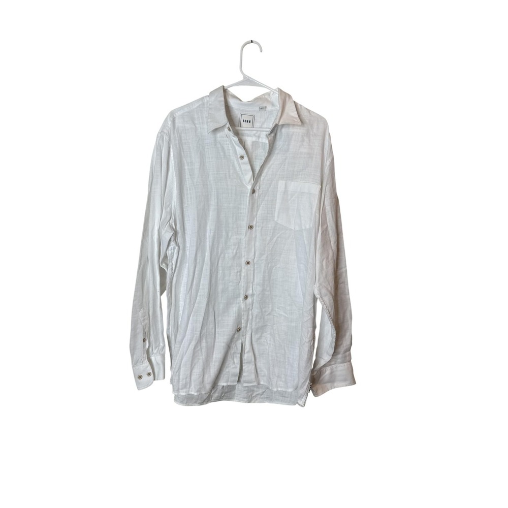 ROWM Shirt Mens XL White Cotton Long Sleeve Button Up Lightweight Casual Summer